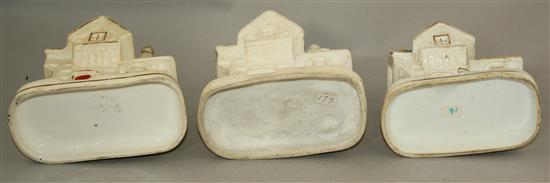 Three Staffordshire porcelain cottage pastille burners, c.1840, 12 - 14cm